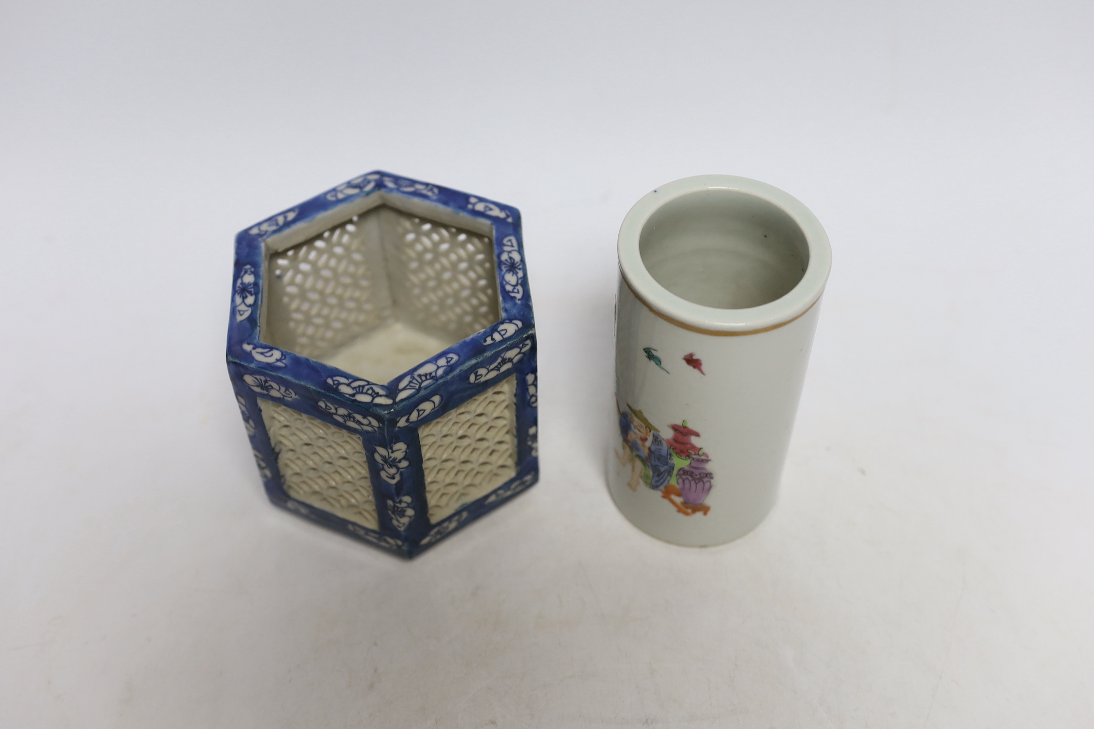 A Chinese hexagonal vase and a spill vase, 12cm high